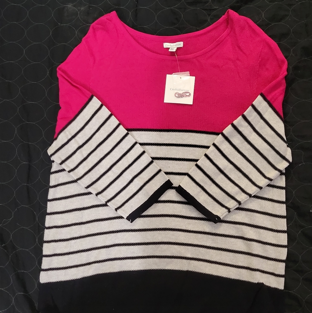 Croft & Barrow Women's Knit Color Block Stripped 3/4 Quarter Sleeve Sweater, XXL